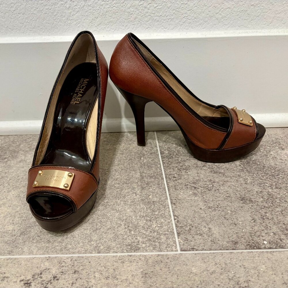 Michael Kors brown leather peep toe 7M – 4" Hardwood stiletto platform NWOT